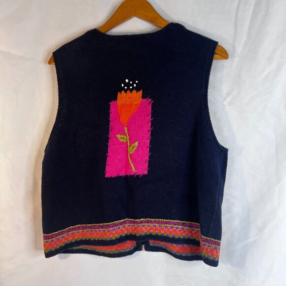 Sigrid Olsen Embroidered Sleeveless Knit Sweater Vest Zip Up Boho Quirky Size LG - Picture 2 of 10